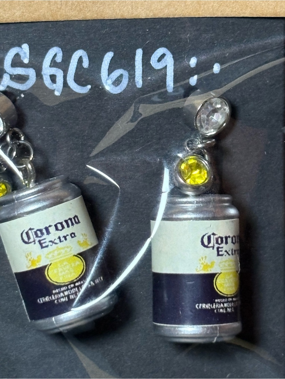 Cute miniature Beer can dangle post earrings with yellow gem accents.